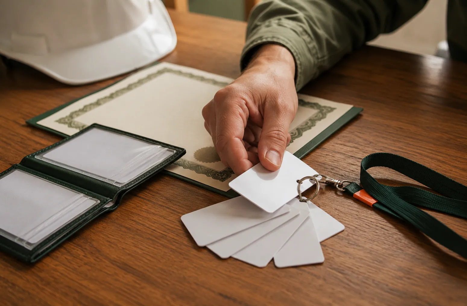 Blank laminated competency cards fanned out on a desk beside a card wallet, a lanyard and a printed certificate.