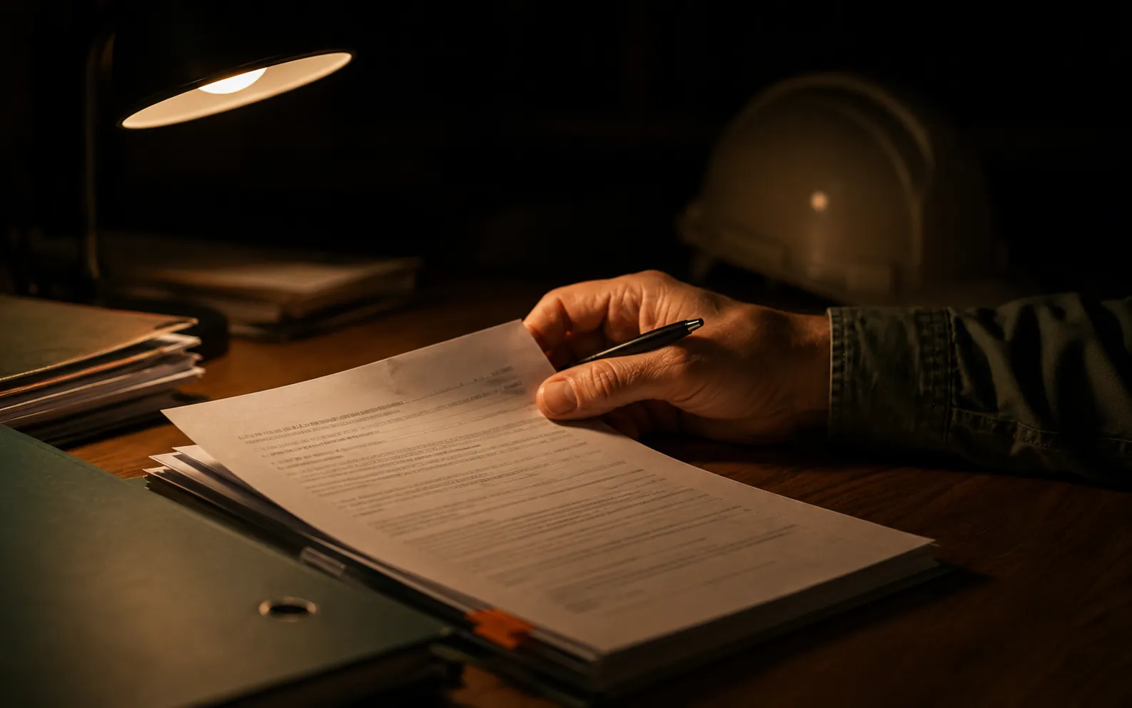A printed method statement being read late at a desk lit by a single lamp, a hard hat in the shadow behind it.