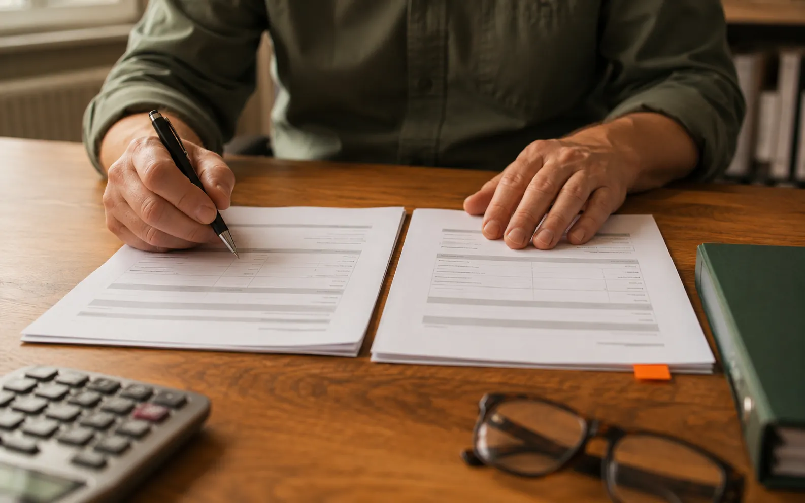 Two printed quotations laid side by side on a desk, a pen held over one of them and a calculator to hand.