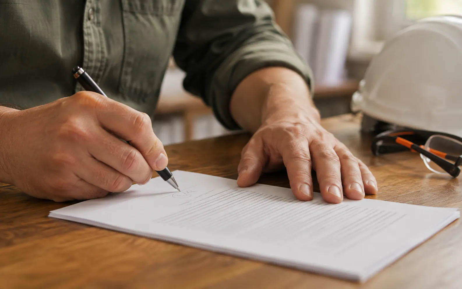 Hands signing the last page of a printed document at a desk, a hard hat and safety glasses beside them.