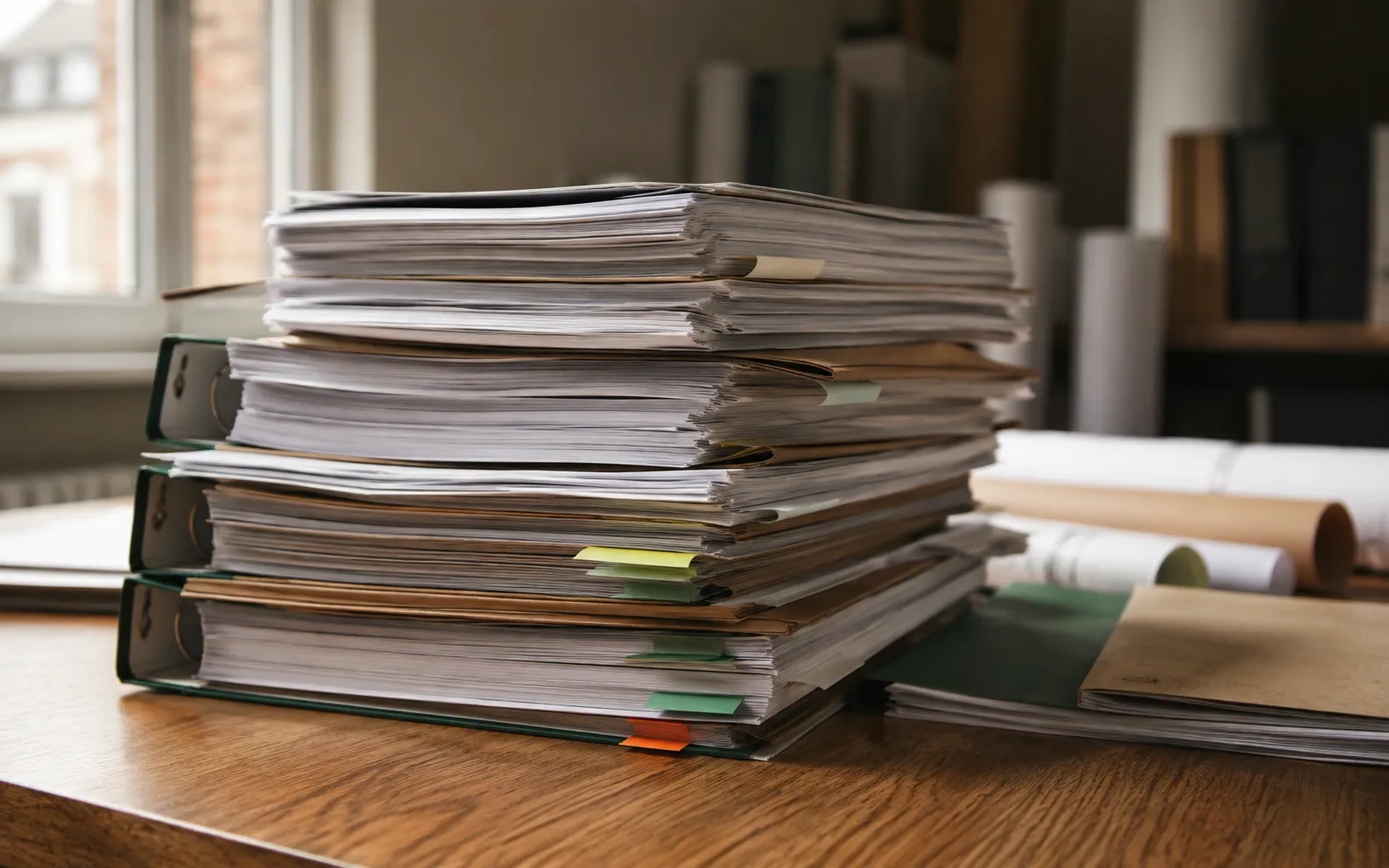 A stack of ring binders and stapled tender documents on an office desk, edges marked with index tabs.